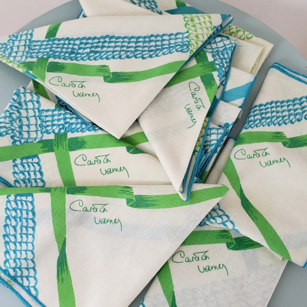 Carleton Varney Designer Vintage Napkins Set 12 White Turquoise Green Square